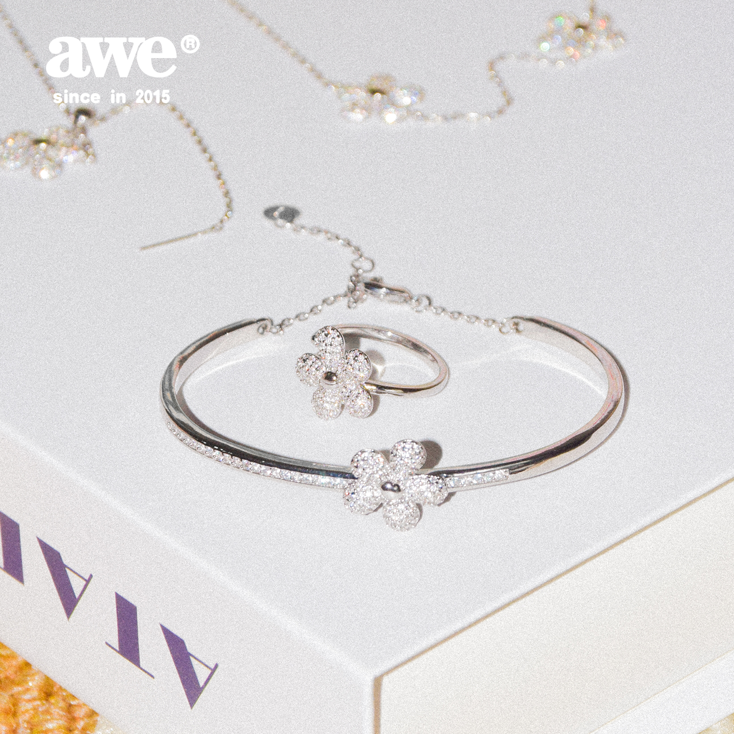 AWE 钛钢手镯 闪钻情花银色素圈手环钟欣潼同款女生轻奢小众饰品