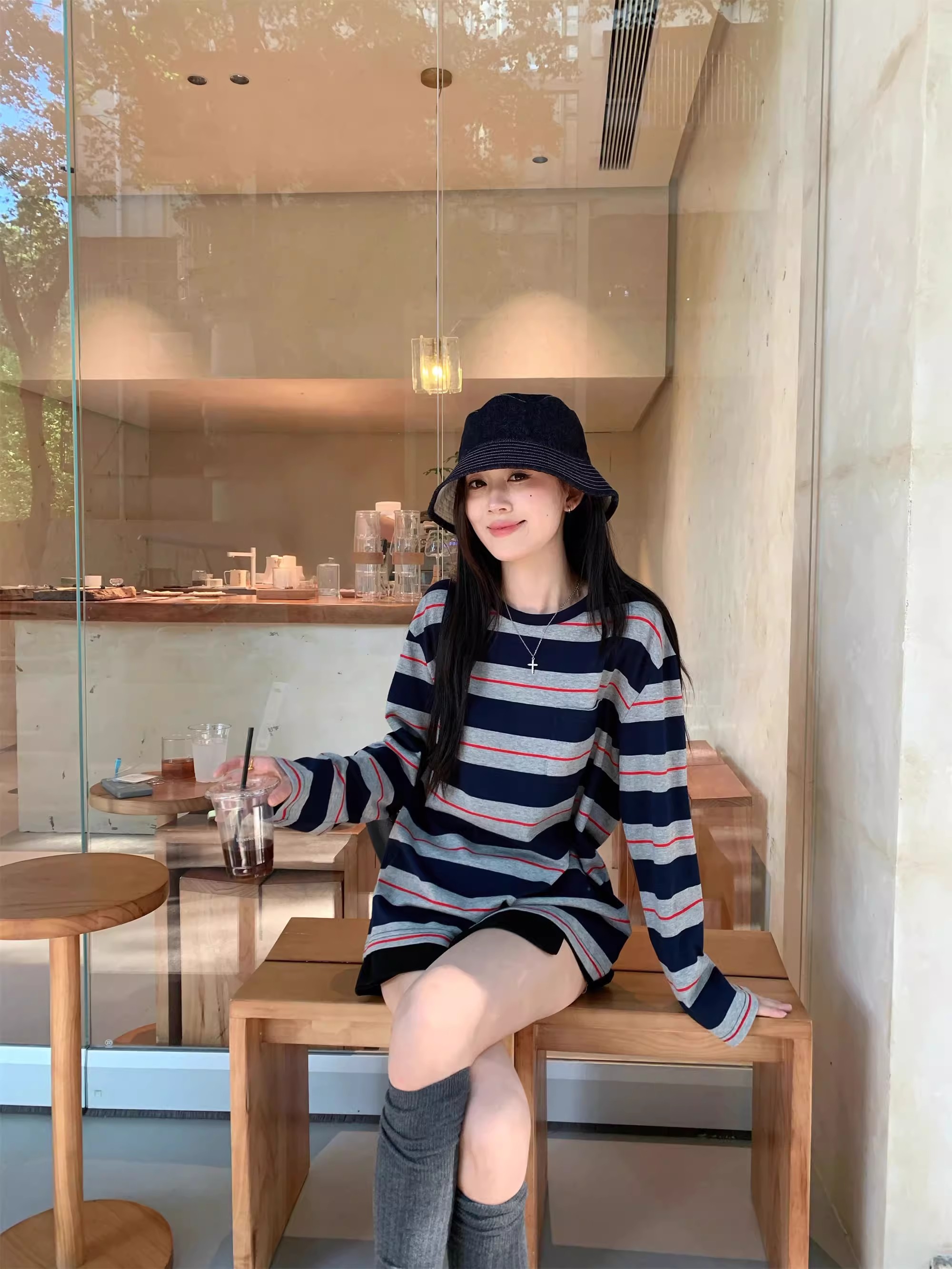 圆领撞色条纹宽松薄款长袖T恤女早秋韩系慵懒风休闲显瘦百搭上衣