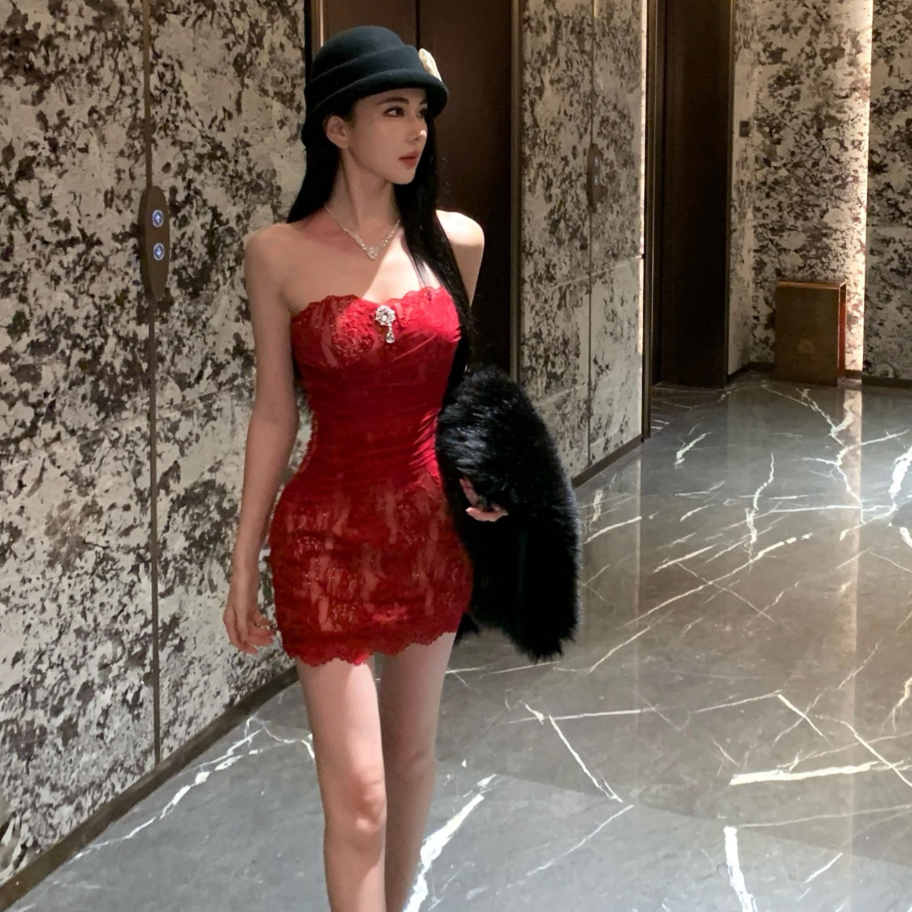 富家千金长款圣诞主题礼服套裙 复古蕾丝包臀裙+拖尾敬酒服两件套