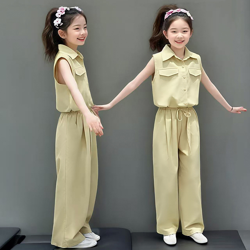 女童夏季套装2025新款儿童洋气休闲时尚简约工装无袖阔腿两件套