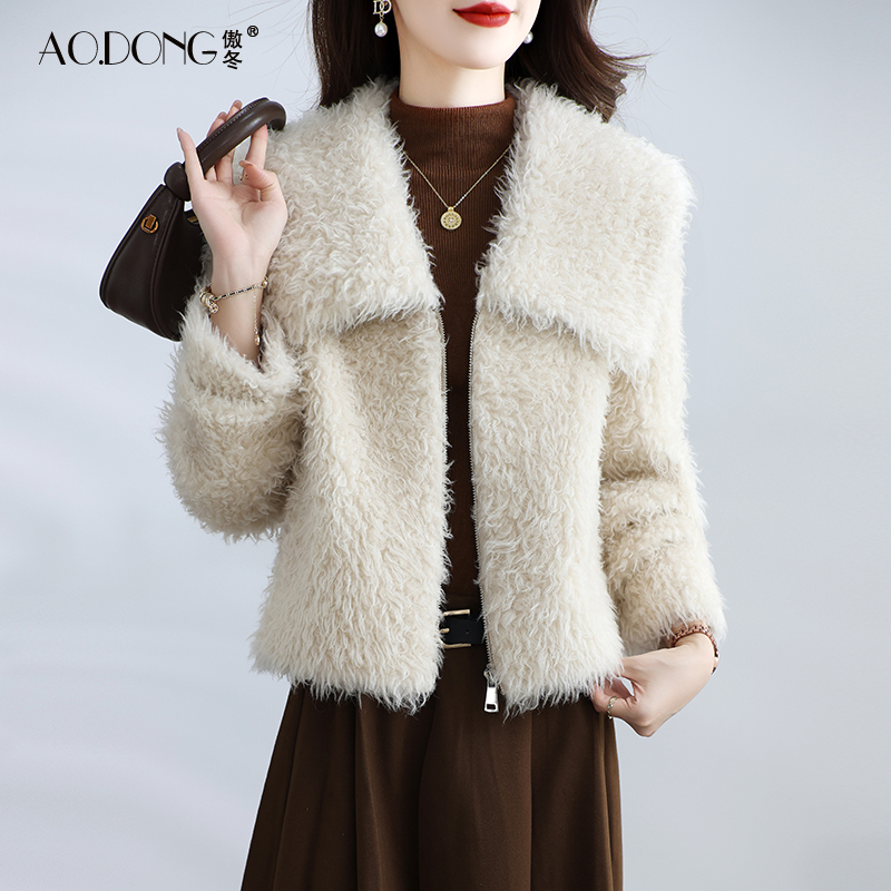 海宁颗粒绒皮草外套女短款拉链保暖时尚年轻款加厚羊羔毛大衣冬季
