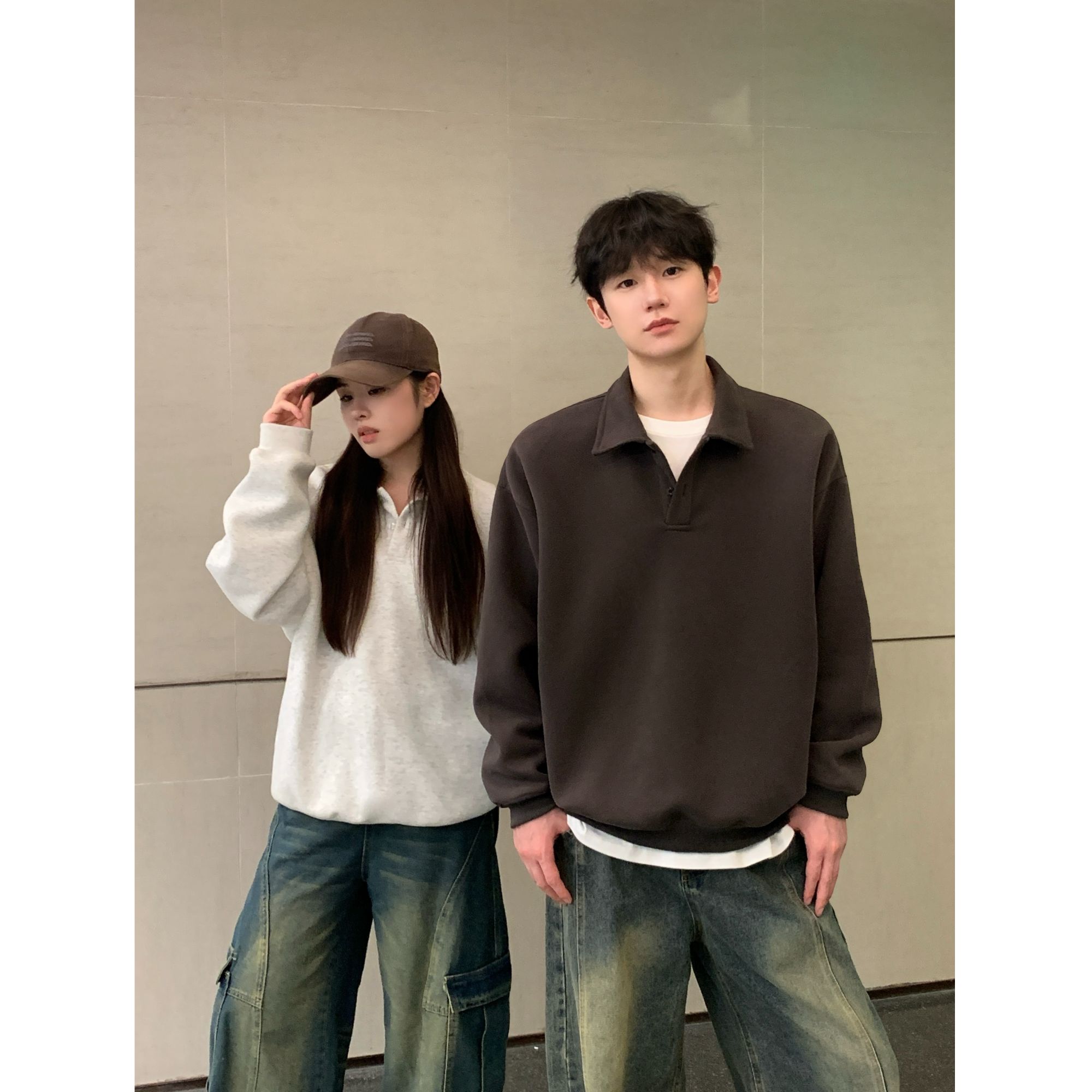 重磅套头卫衣秋冬男女秋款翻领POLO衫美式纯色潮牌休闲宽松外套