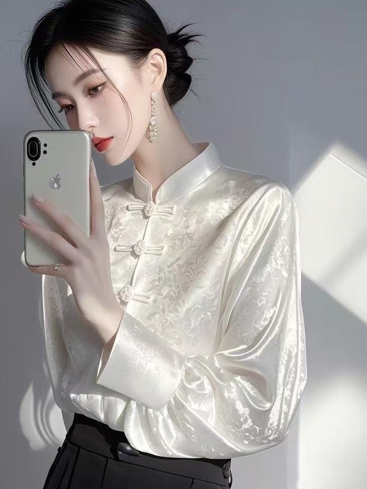 早秋新中式国风内搭打底衫女高级感轻奢减龄洋气白色提花衬衫9998