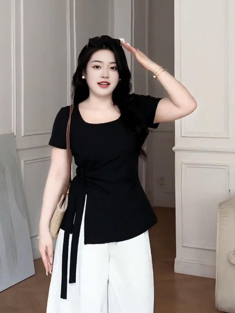 棉法式纯欲显瘦方领短袖T恤女装2025夏季新款褶皱洋气开叉上衣ins