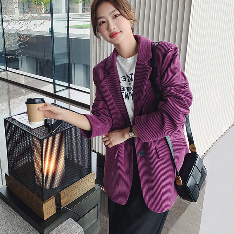 紫色灯芯绒西装外套女2025新款秋冬小个子复古宽松休闲咖色小西服