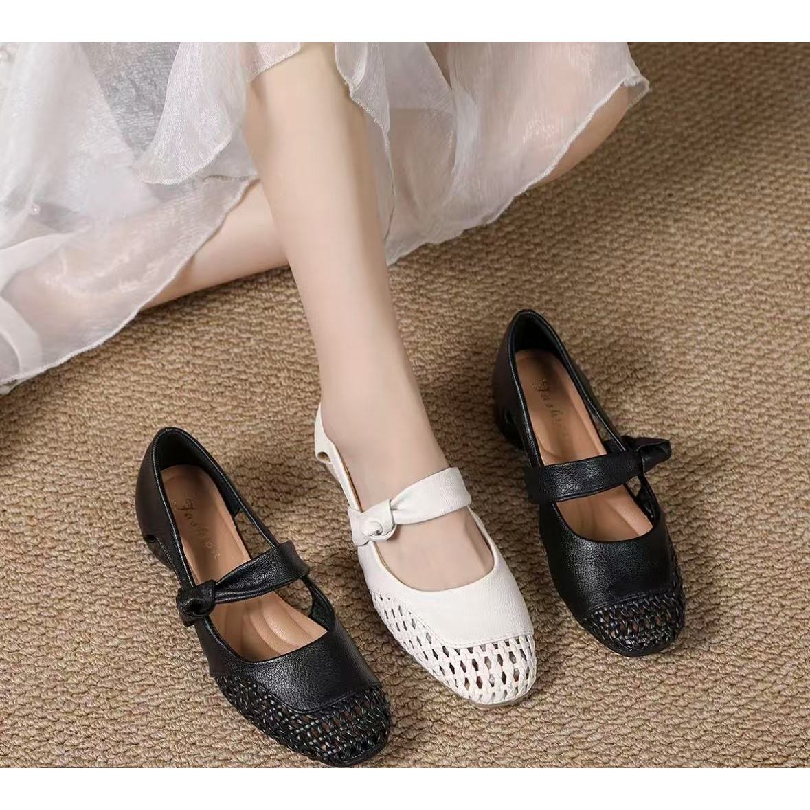 新款百搭气质中跟镂空透气扭结款一字带编织单鞋方头爆款软底软皮