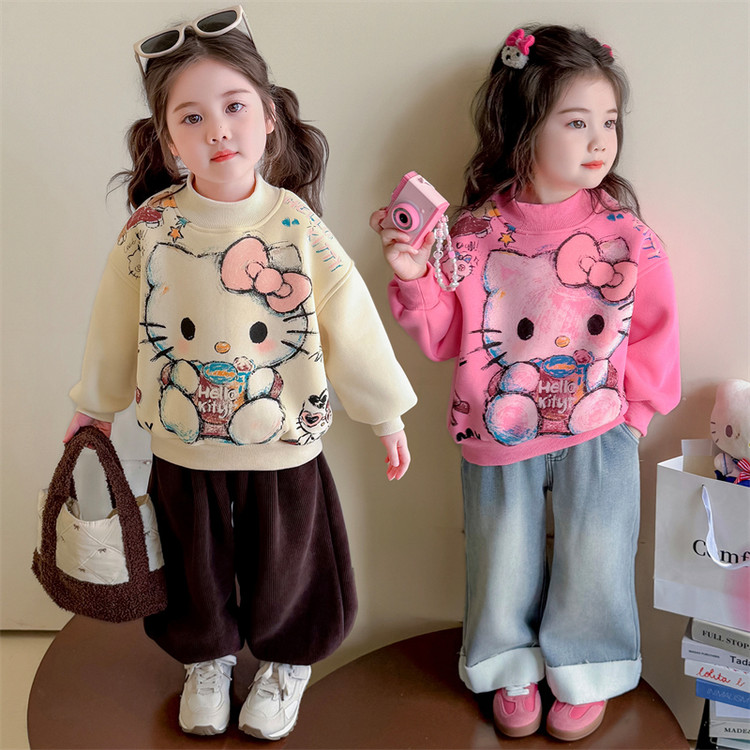 女童卡通印花卫衣秋冬季2025新款女宝洋气圆领韩版加绒冬装上衣潮