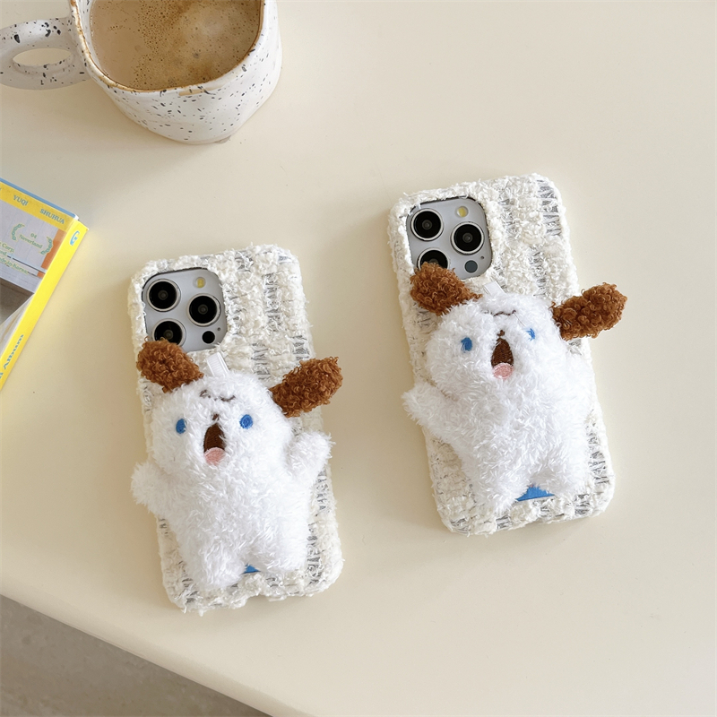 秋冬绒布米白小方格呐喊小狗多机型少女风手机壳｜适用苹果/华为