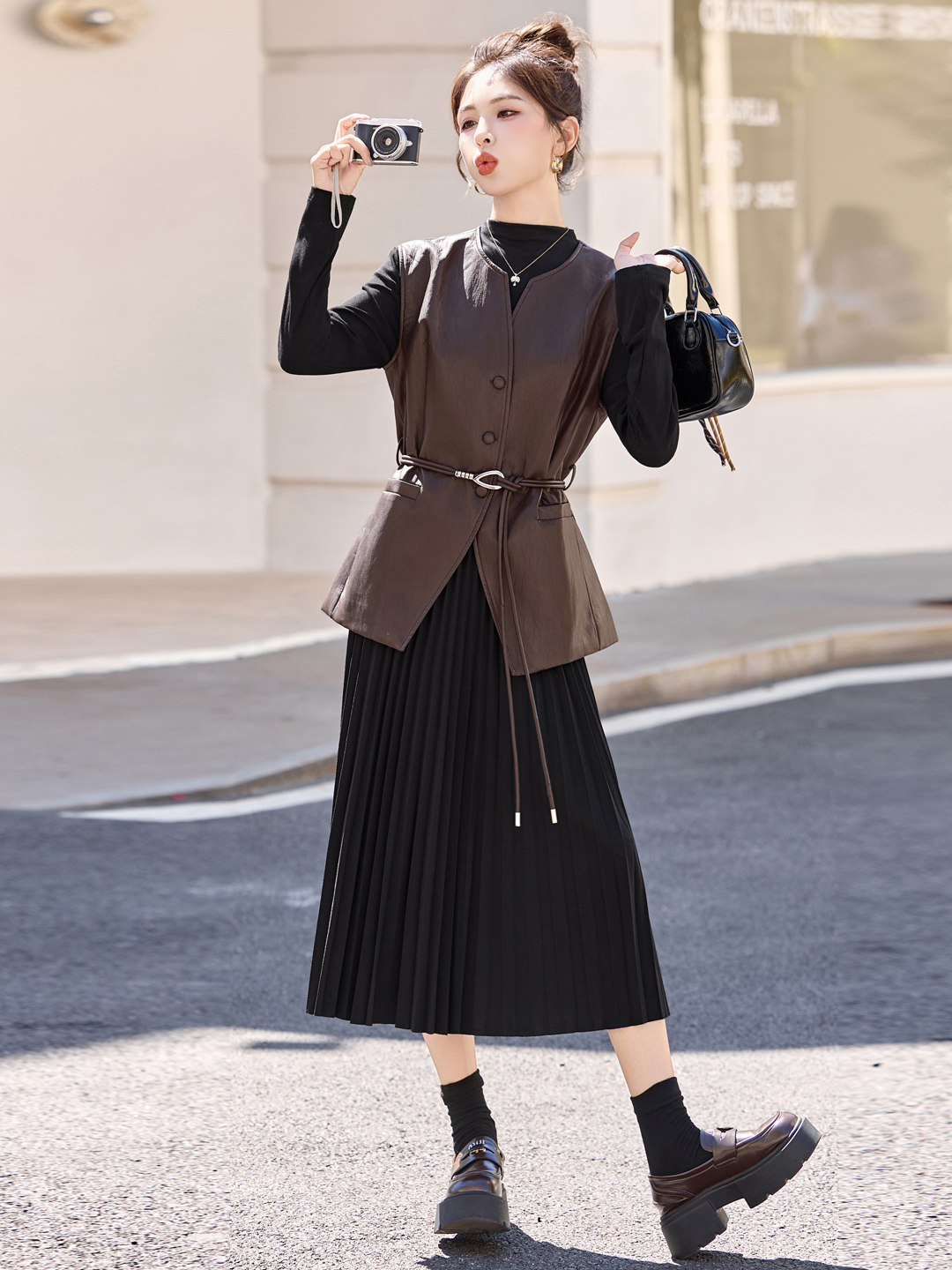 时尚百褶裙套装女2025春秋新款宽松休闲皮上衣中长款连衣裙两件套