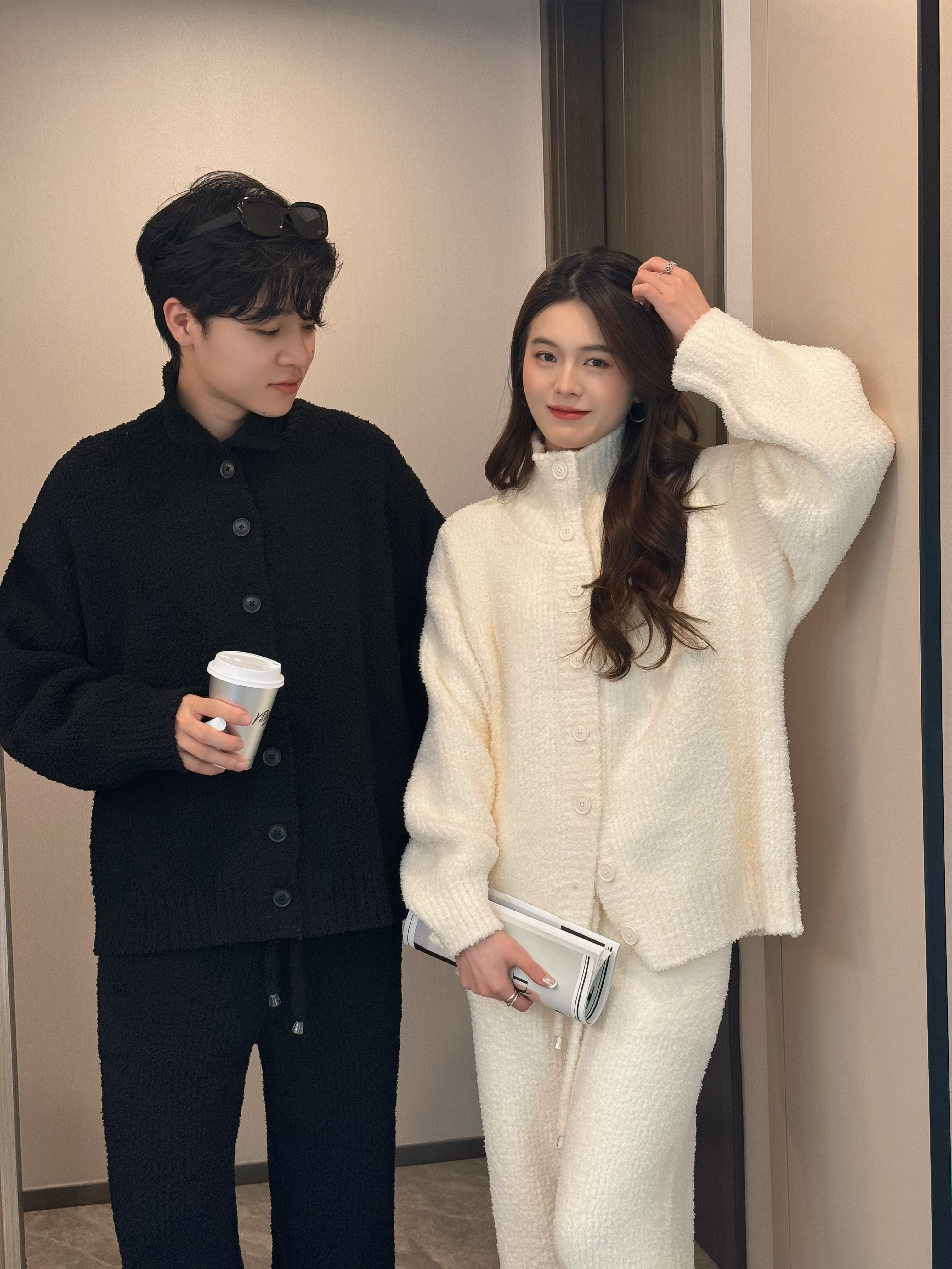 2025秋冬加厚休闲宽松纯色简约半边绒家居服套装男女情侣可外穿15