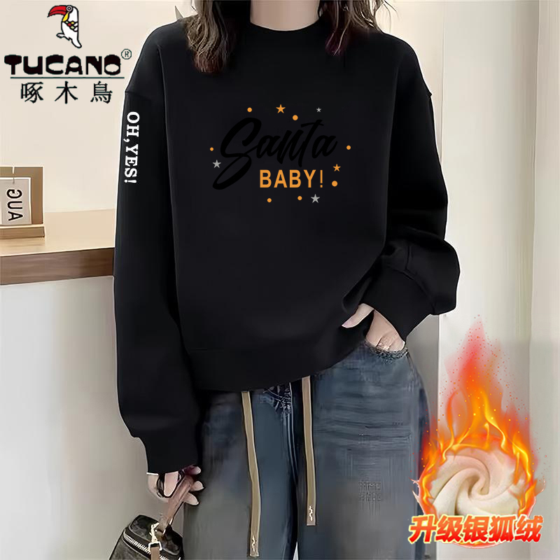 啄木鸟纯棉时尚复古卫衣女新款韩版宽松显瘦无帽圆领长袖外穿上衣