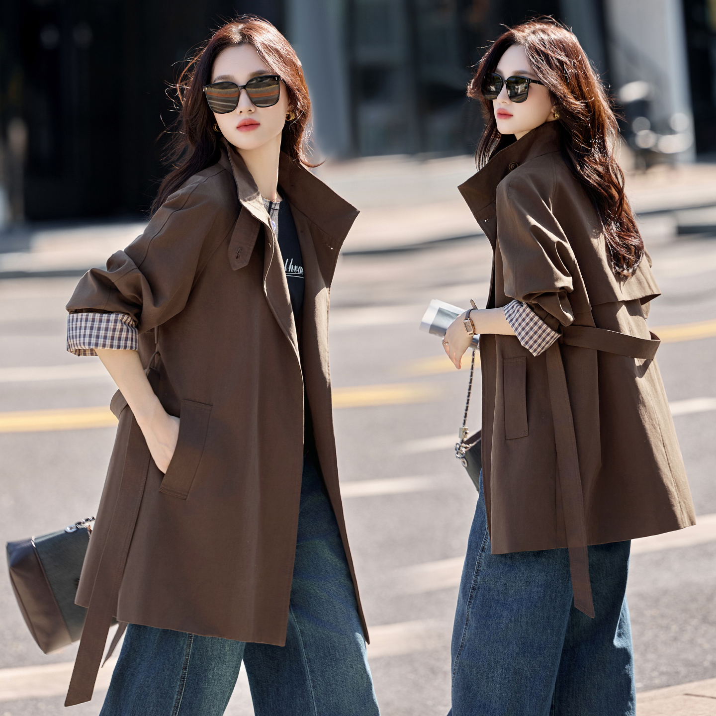 立领中长款纯色秋季咖色显瘦风衣时尚宽松春秋气质小个子洋气短款