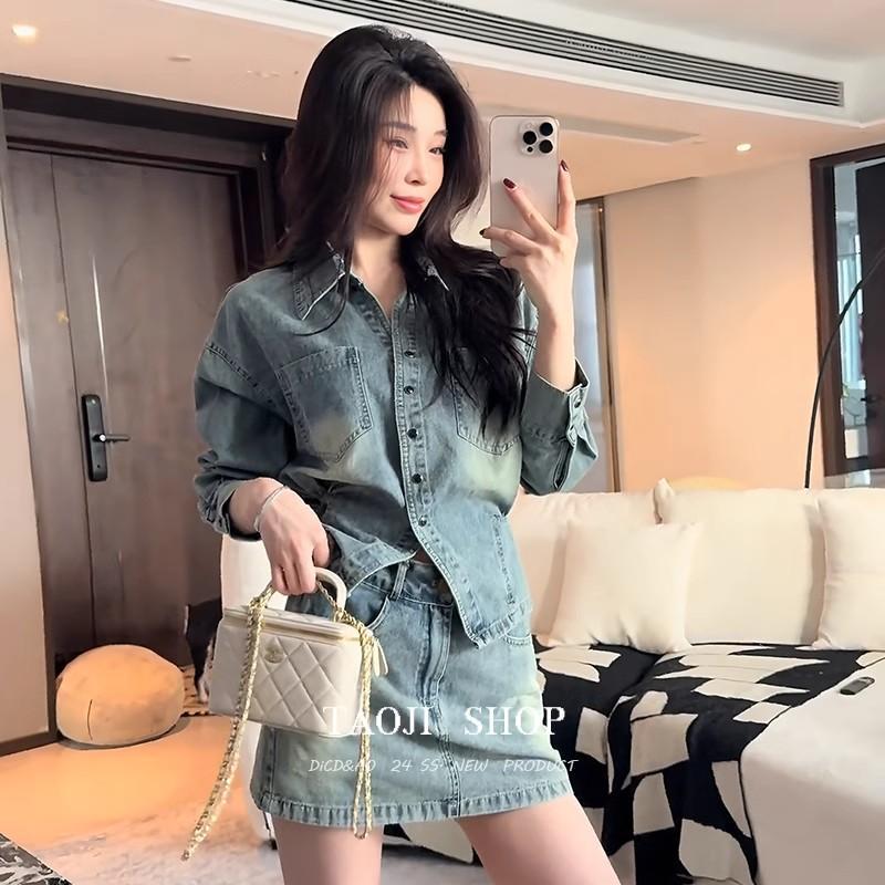 港味复古收腰翻领长袖牛仔外套上衣半身裙两件套女早春季时尚套装