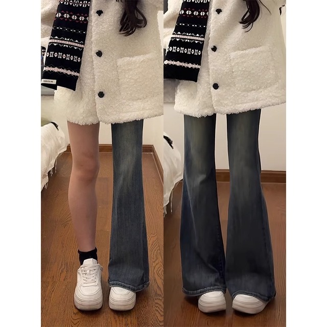 梨形身材蓝灰微喇牛仔裤女春季新款大尺码胖mm高腰显瘦弹力喇叭裤