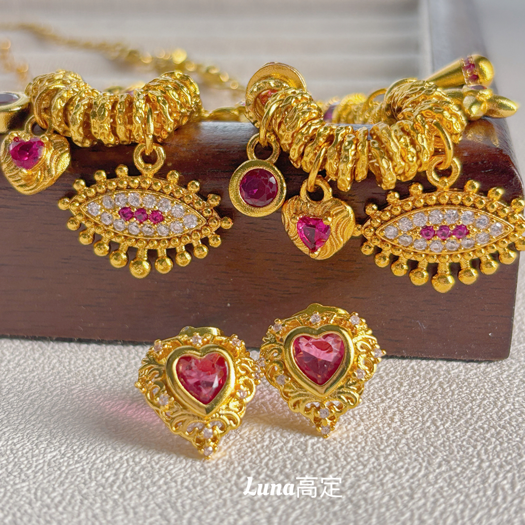 铜合金合成锆石吊坠 Luna定制0554古法眼睛粉锆贵气项链手链耳钉