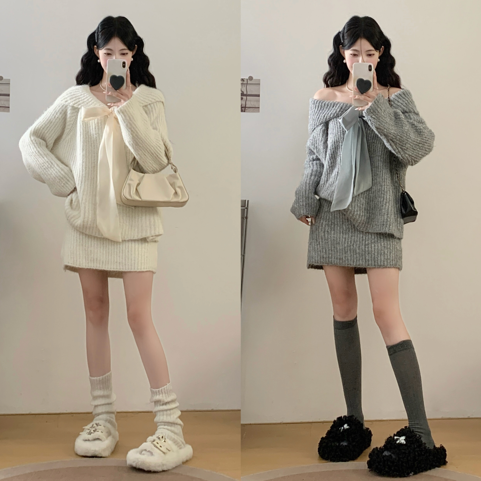 系带蝴蝶结毛衣女短裙套装大码胖mm今年流行漂亮针织衫中长款