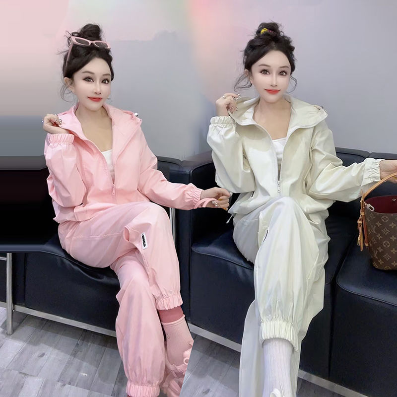 欧货时尚减龄运动服套装女防晒速干连帽长袖束脚裤休闲百搭两件套