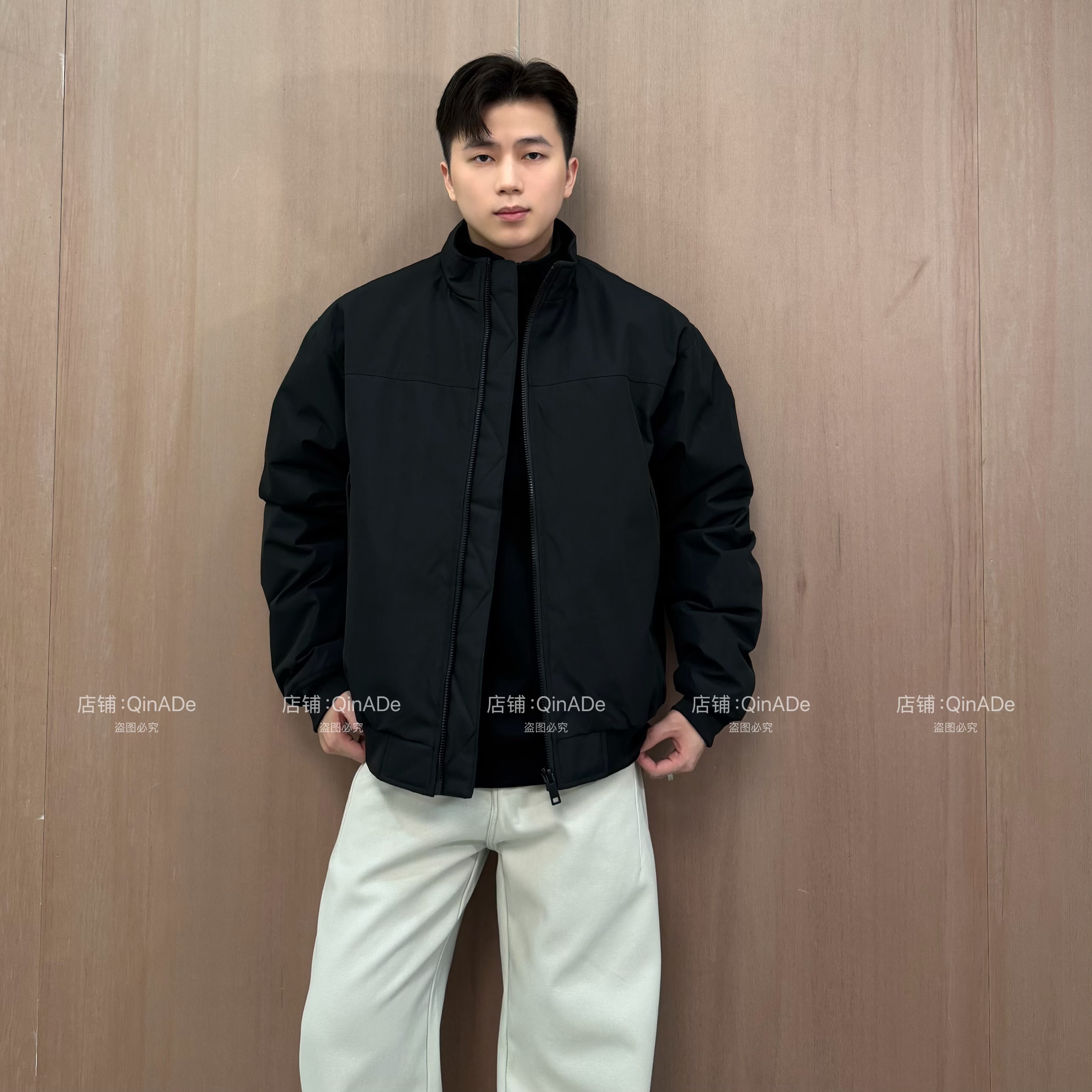 QinADe冬季美式教练立领外套羽绒服廓形宽松飞行员男款90白鸭绒