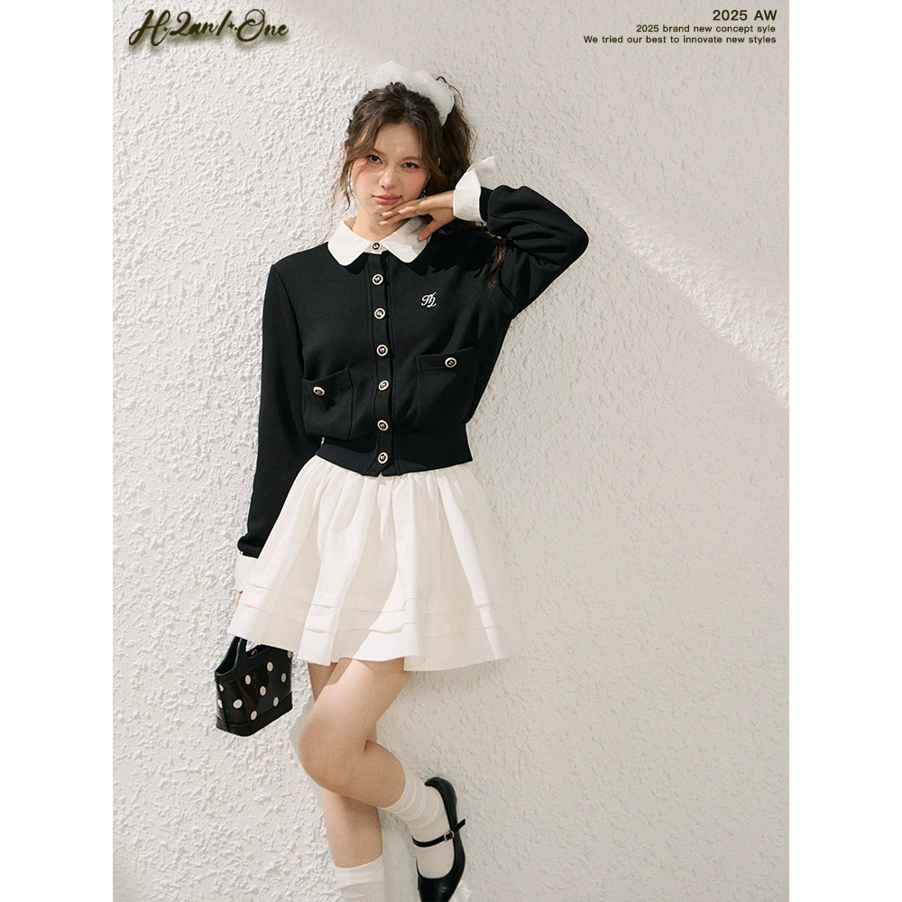 H2AN1 STUDIO丨撞色拼接假两件针织开衫毛衣外套木耳边百褶裙套装