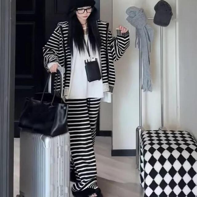 美式复古慵懒风条纹连帽开衫外套女秋季宽松休闲阔腿长裤两件套装