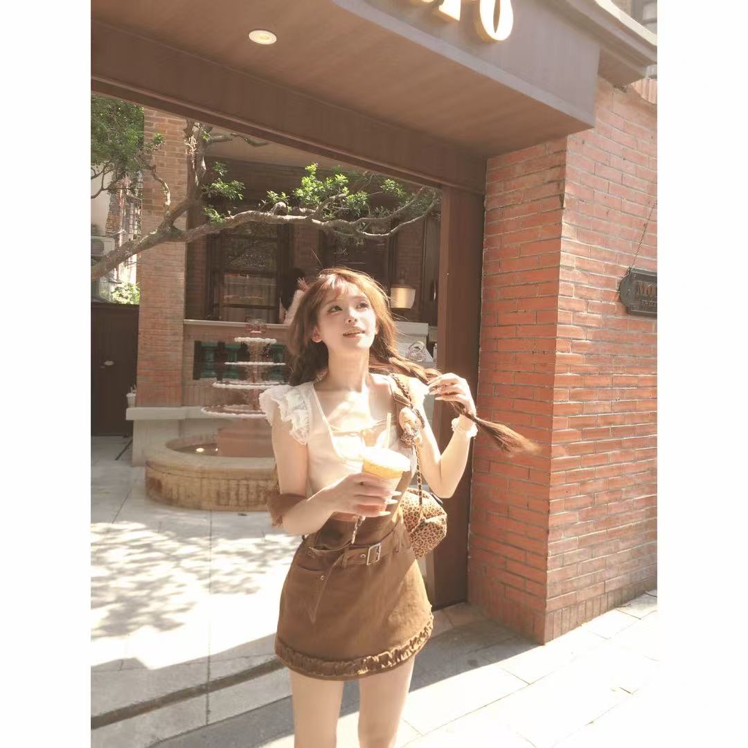 瑞茜·威瑟斯【咖啡泡芙】夏季甜美风日系复古休闲小众背心背带裤