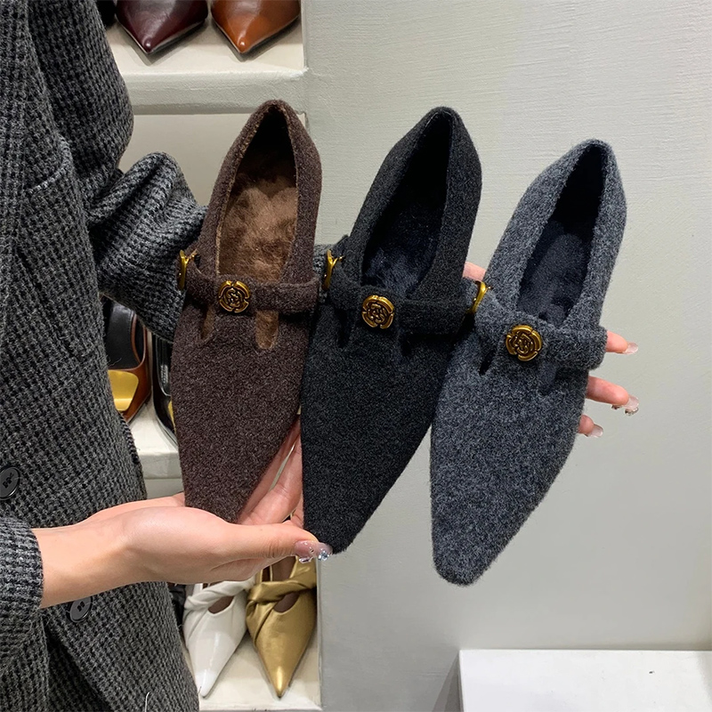 小香风内增高尖头单鞋加绒毛毛鞋女2025秋冬新款法式气质玛丽珍鞋