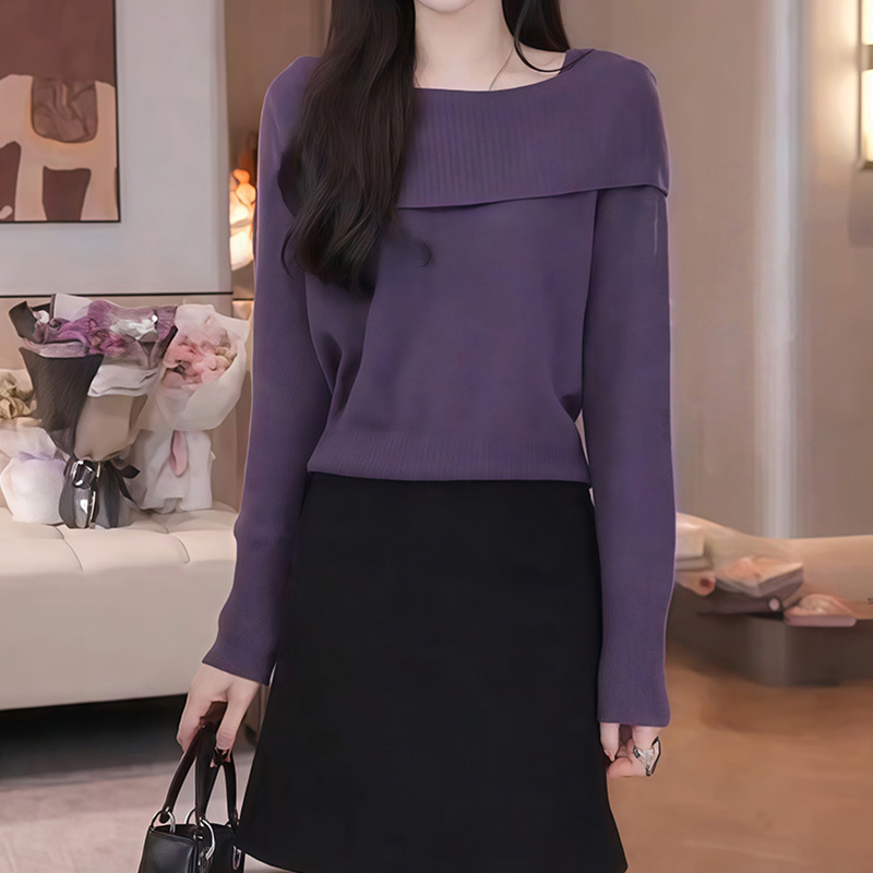 M881慵懒高级感秋冬女2025新款可外穿内搭紫色一字肩针织衫上衣