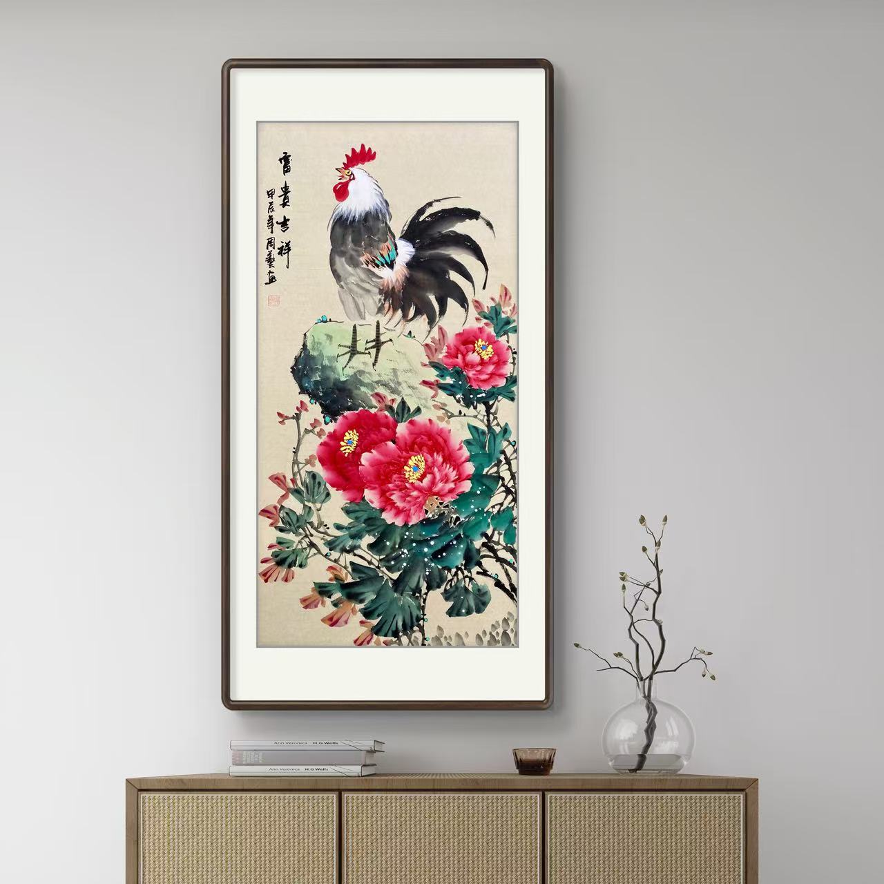 富贵吉祥手绘三尺四尺竖幅仿古公鸡牡丹图端景柜玄关挂墙画