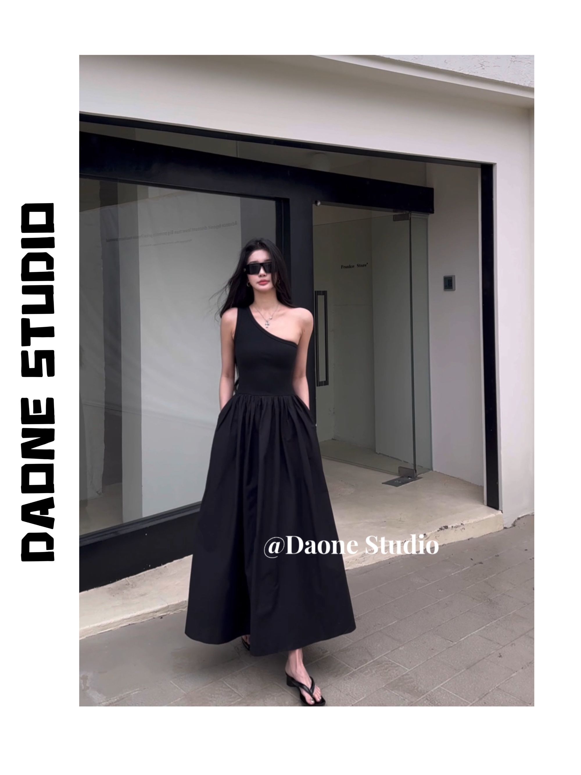 DAONE夏季气质显瘦收腰斜肩无袖褶皱大裙摆长裙连衣裙裙子