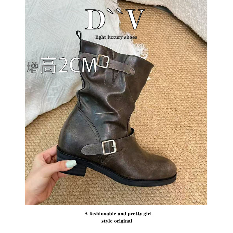 复古做旧时装靴子女2025新款擦色粗跟厚底骑士靴皮带扣中筒堆堆靴