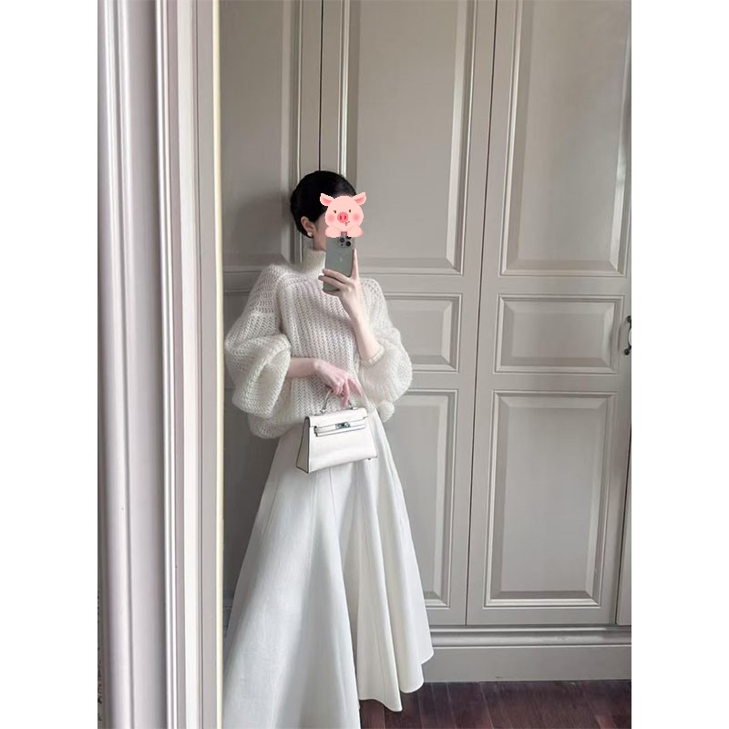 极简风时尚套装秋冬新款针织半高领休闲百搭长袖上衣大裙摆半身裙