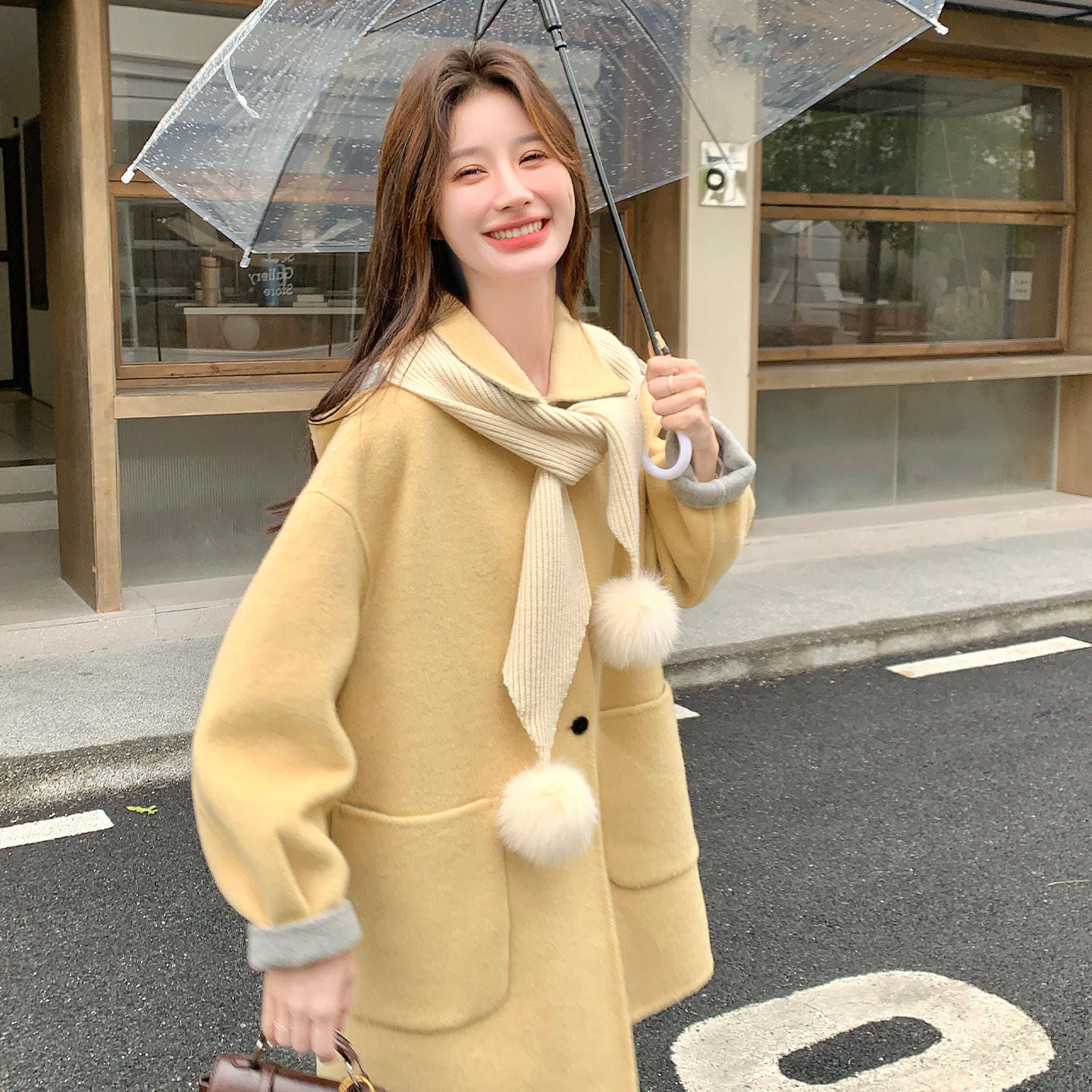 奶黄色针织连帽双面羊绒大衣女冬2025新款学院风中长款毛呢子外套