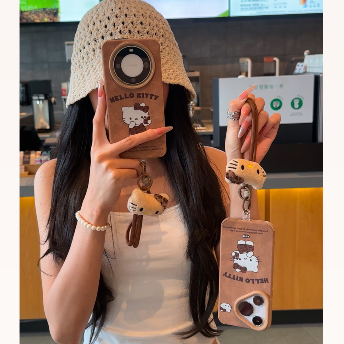 欧克里里秋冬凯蒂猫挂绳适用苹果16/17皮纹手机壳小米vivoppo华为