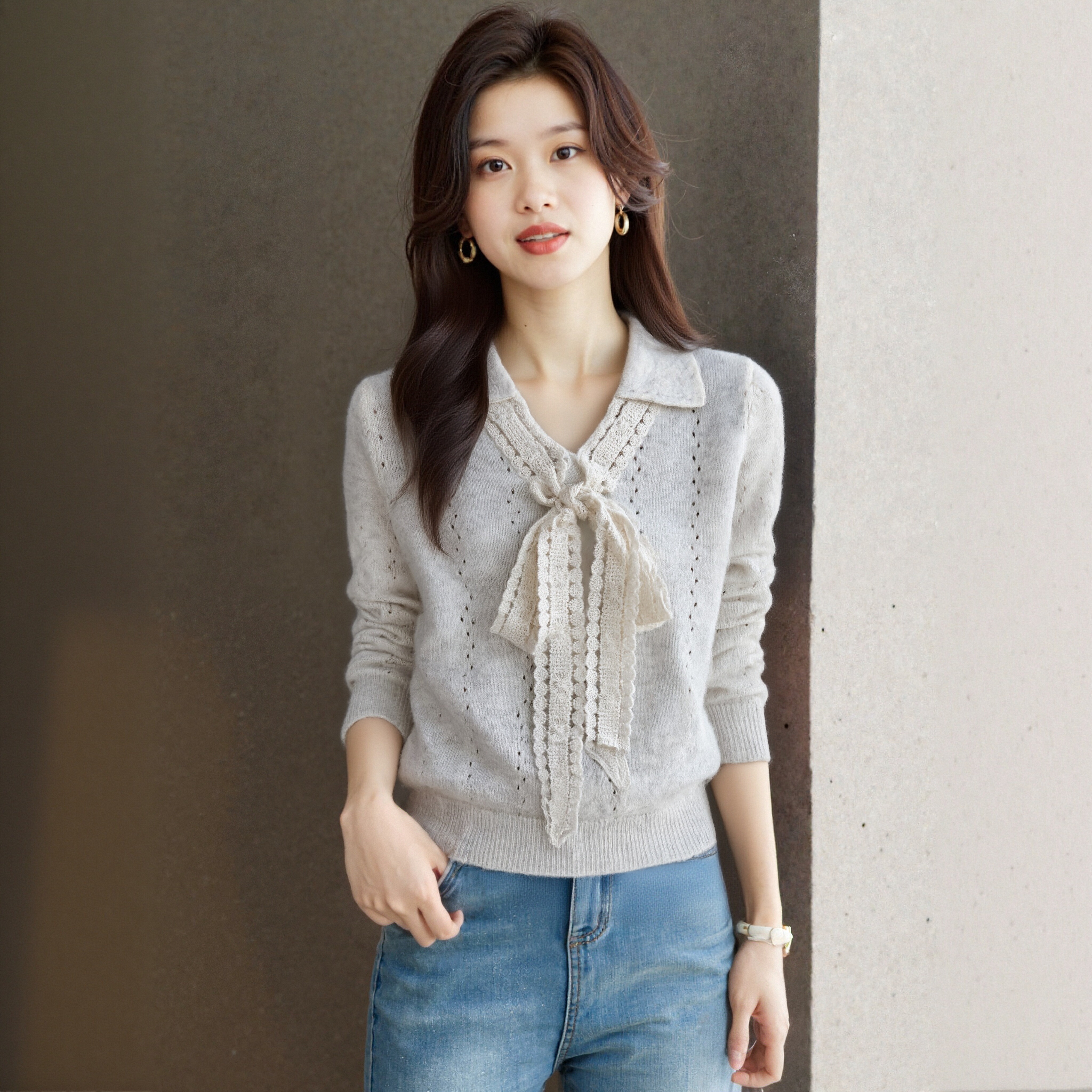 2025浣熊纱蝴蝶小方领百搭时尚毛衣洋气女2025漂亮时髦毛衣