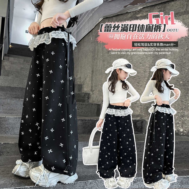 巴拉女童春秋美式复古蝴蝶结休闲宽裤女大童宽松休闲显瘦直筒裤子