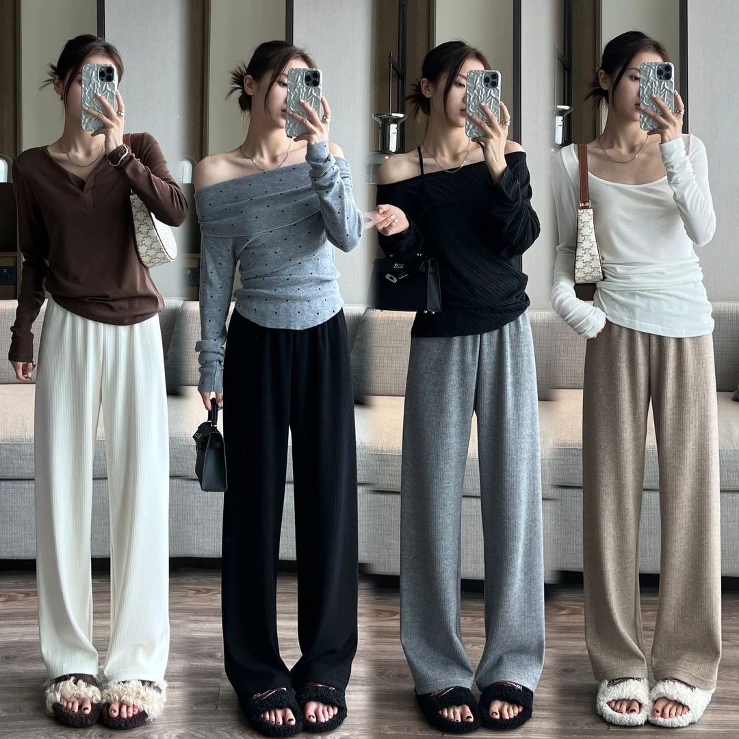 【六色咩咩绒坑条裤】窄版直筒裤2025新款针织垂感春秋拖地裤