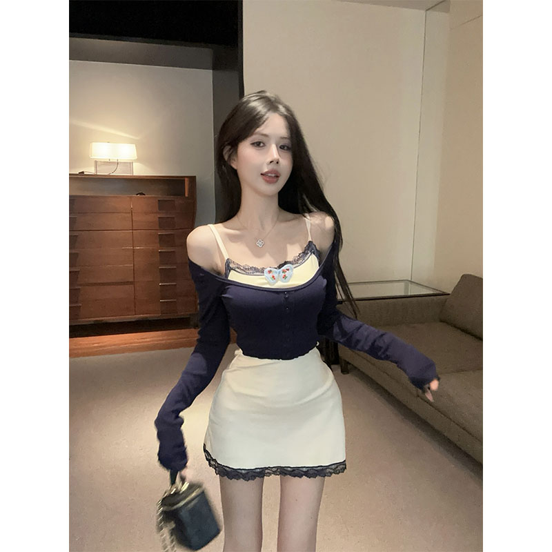 2025秋季新款性感辣妹设计感长袖假两件修身包臀时尚纯欲连衣裙女