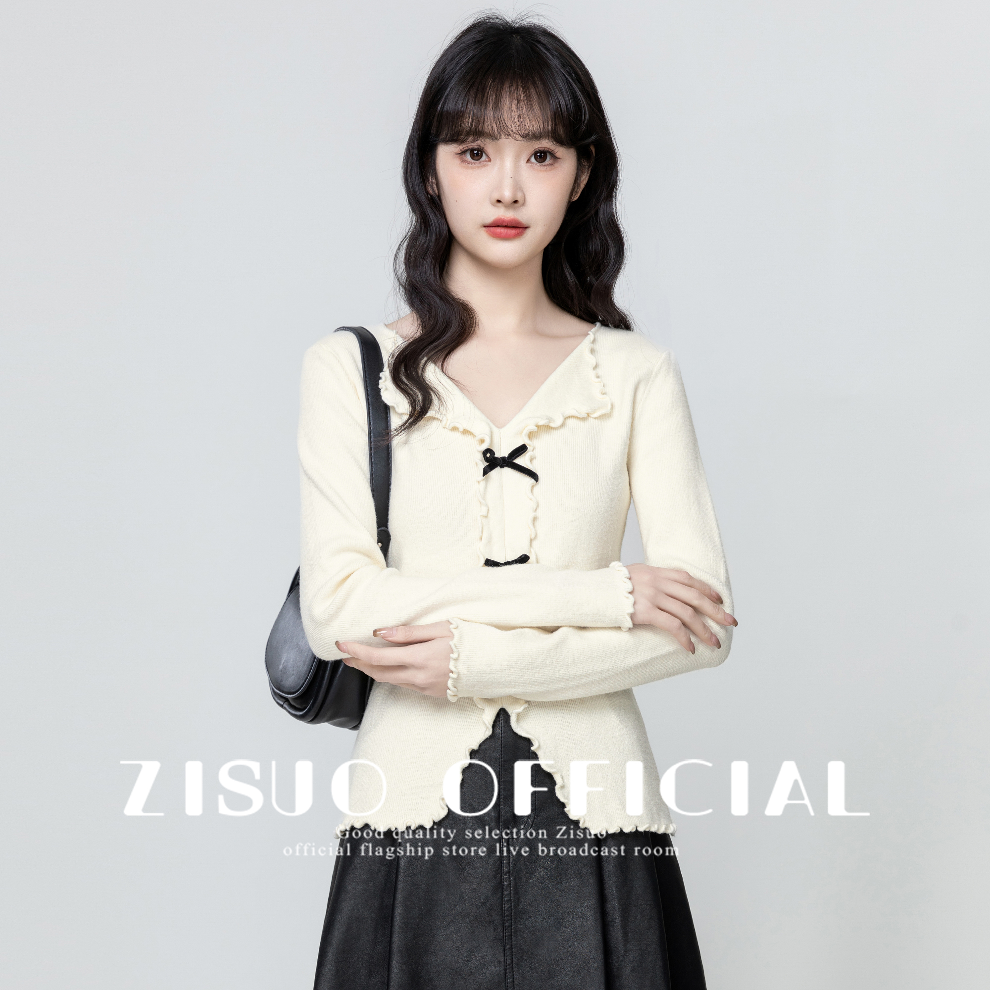 杏色木耳边长袖针织衫女春秋2025秋季新款法式V领开叉收腰短上衣