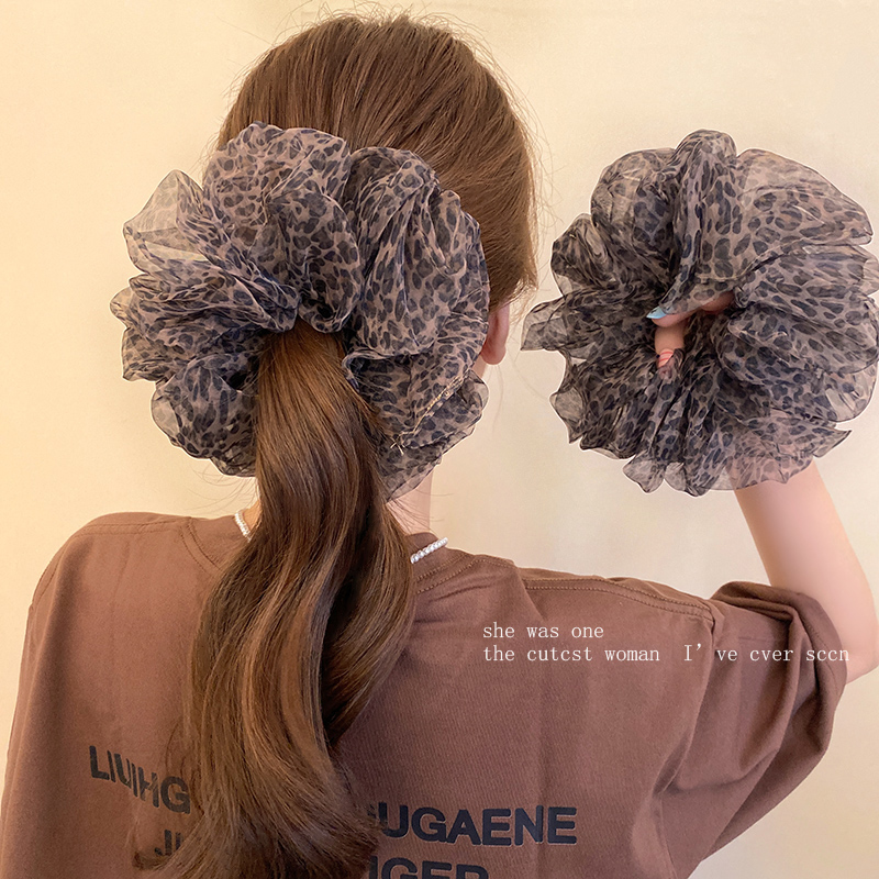 韩国超大号豹纹大肠发圈女蓬松个性头绳玻璃纱复古低马尾发绳头花