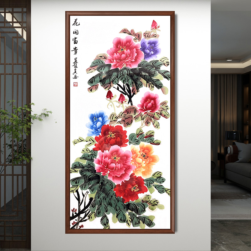 花开富贵牡丹花纯手绘挂画花鸟画带框客厅餐厅竖版走廊玄关画壁画
