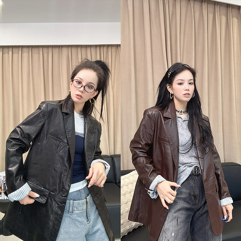 2025新款真皮皮衣女高级感绵羊皮中长百搭宽松设计感西装女士外套