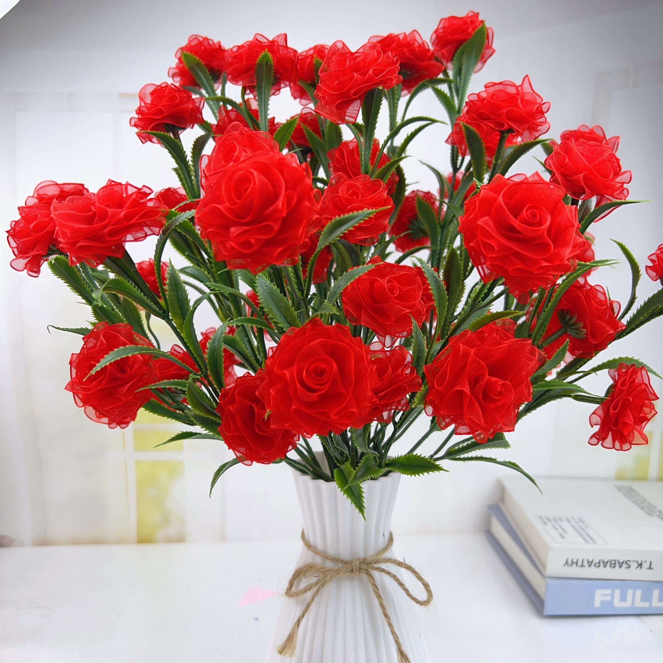 4cm彩色雪纱丝带玫瑰花束桌摆件送麻绳折纸花瓶）