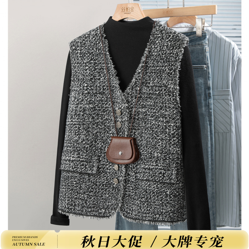 丝柏舍2025秋装新款女装小香风马夹毛边单排扣V领马甲S53T3250J