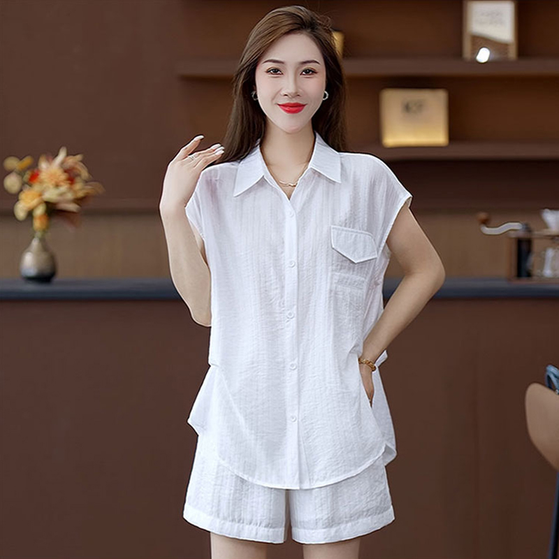 拉夏贝尔时尚套装女2025夏季新款宽松翻领短袖衬衫阔腿短裤两件套