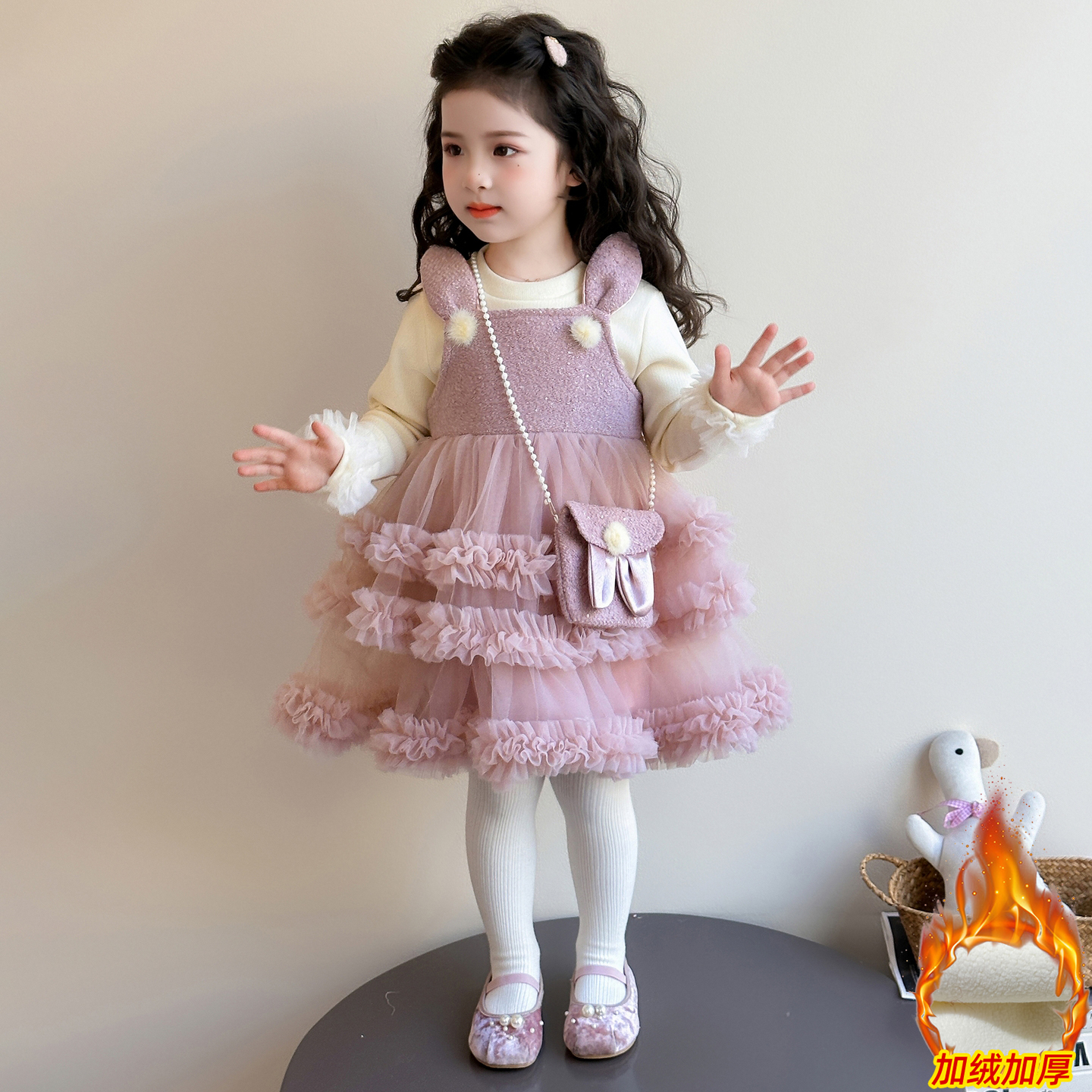 女童秋冬款加绒连衣裙套装小童公主女宝宝洋气蛋糕裙儿童新年衣服