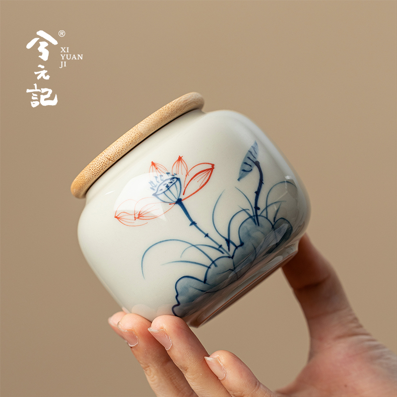 兮元记草木灰手绘陶瓷茶叶罐便携茶叶储存罐家用密封罐茶具配件