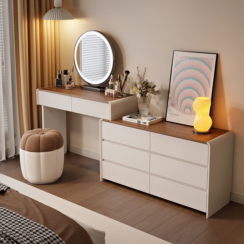 全实木新款奶油风梳妆台现代简约卧室家用化妆台三斗柜转角化妆桌