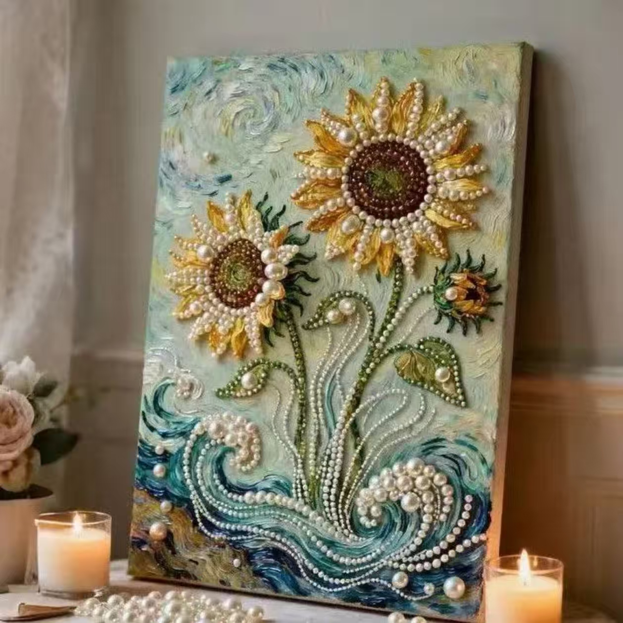 DIY向日葵珍珠画大气手工解压装饰画可作送朋友闺蜜的创意摆台