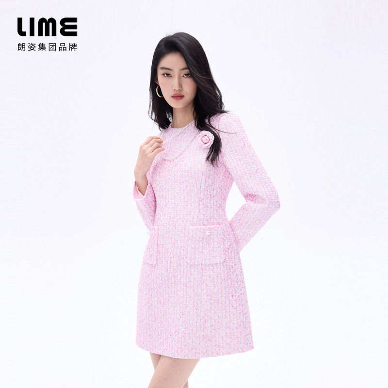 LIME/莱茵【春绮漫舞】甜美优雅珠链粗花呢连衣裙淡粉LDHADACOP807