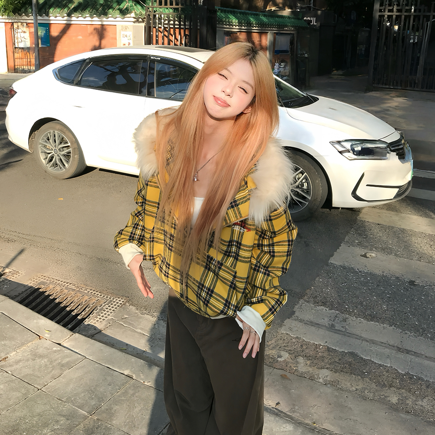 Holocene美式格子毛领连帽外套女宽松潮牌慵懒卫衣开衫外套70888